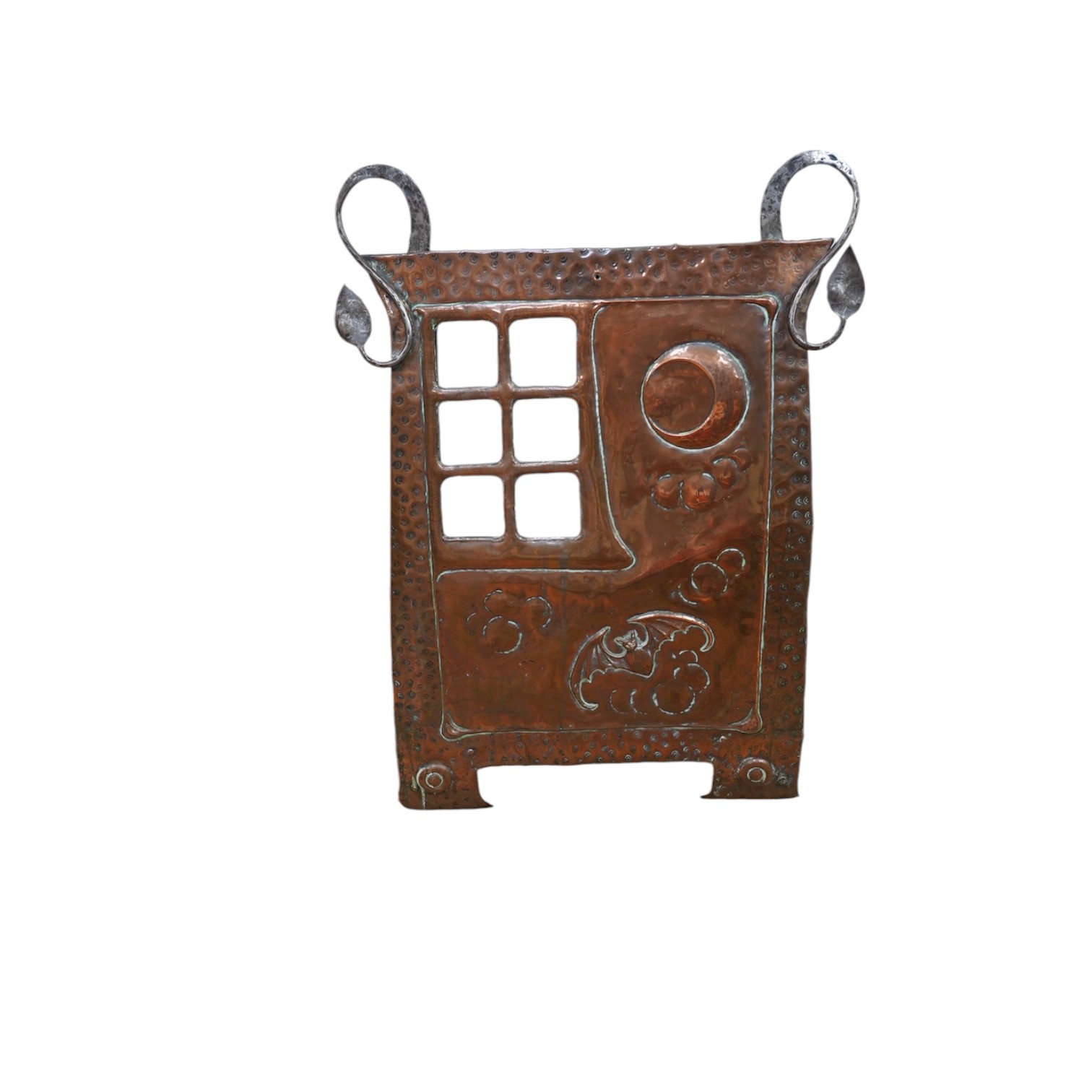 An Arts and Crafts hammered copper and wrought iron fire screen, 73cm. Condition - fair to good, lacking glass panel
